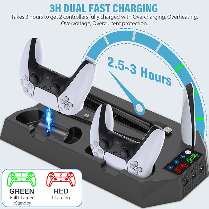 PS5 Slim Stand and Cooling Station with Controller Charging Station for Playsation 5 Slim&Standard Disc/Digital Console, PS5 Accessories Incl. Charger/Turbo Fan/3 USB Hub/Headset Holder - Black - Image 2