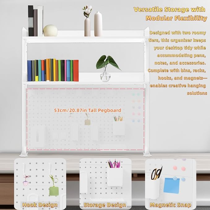 Clamp on Desk Pegboard, 39.4" W x 37.4" H Desk Extender Pegboard Bookshelf Computer Desk Accessories with Shelf for Tool Organizer Office, Privacy Panel for Gaming Desk, White - Image 4