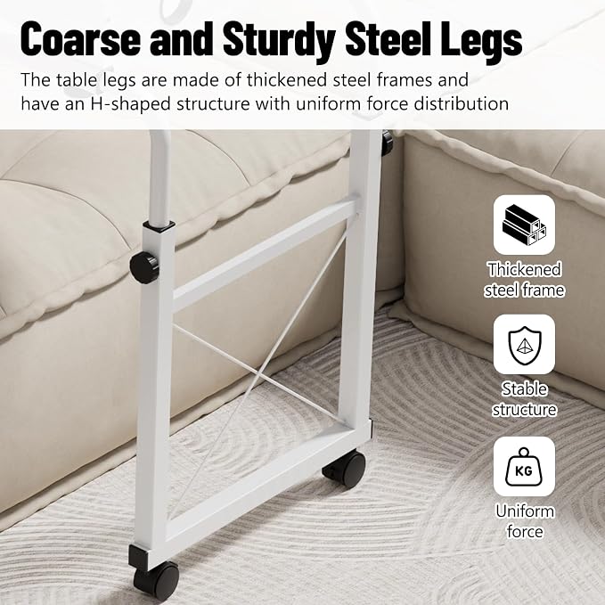 Overbed Table with Wheels, Adjustable Queen & King Bed Desk, White - Image 7