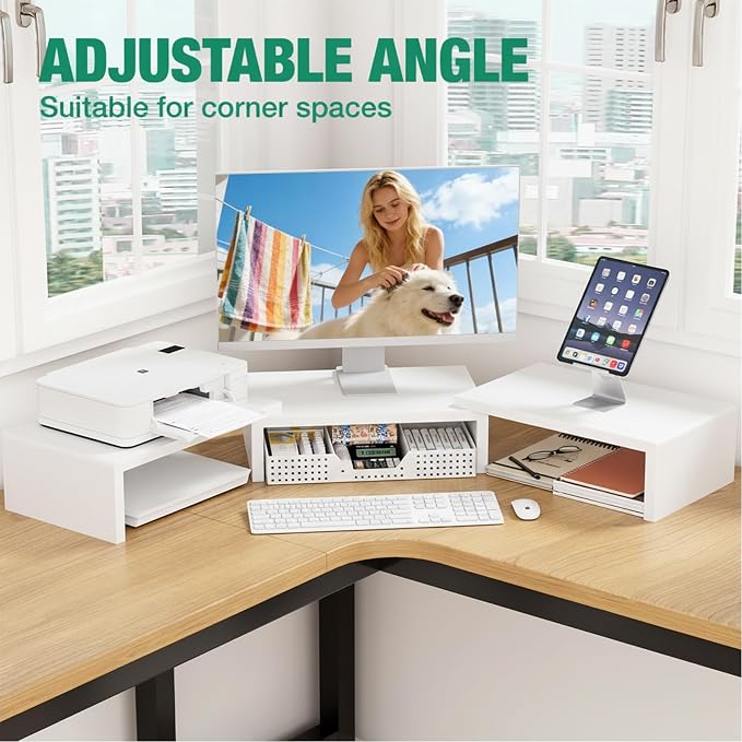 OPNICE Dual Computer Monitor Stand Riser, Desk Organizer with Drawer, Office Desk Accessories & Workspace Organizers for Home Office Supplies, White - Image 4