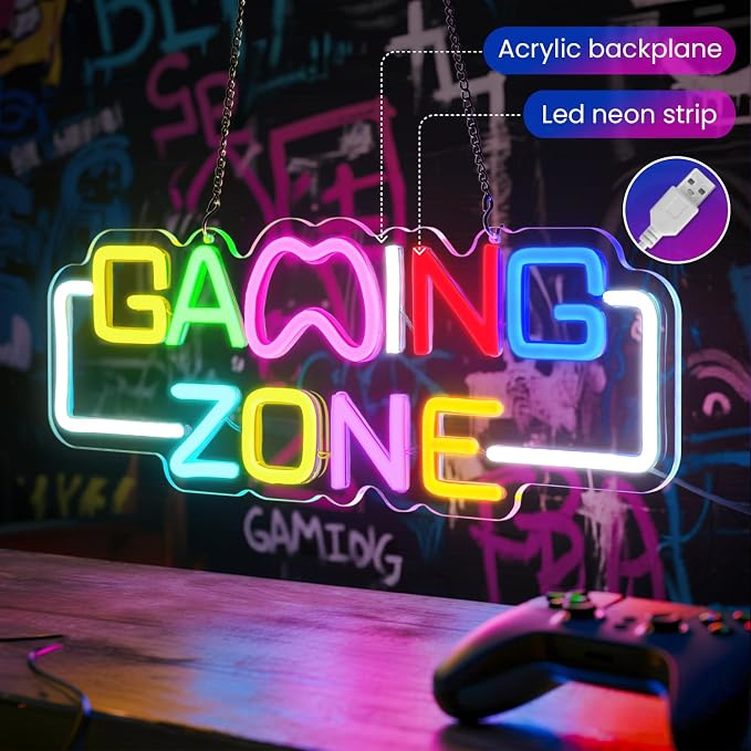 Gaming Zone Neon Sign for Wall Decor – LED Neon Lights with USB Power & Dimmable Brightness,Cool Game Controller Neon Sign for Bedroom,Game Room,Man Cave,Gamer Decor - Image 2