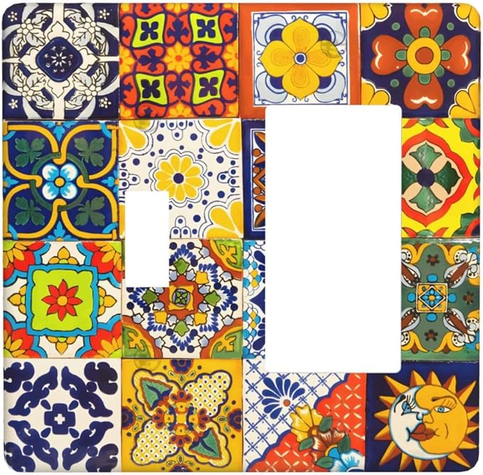 Decorative Outlet Covers Vintage Traditional Colorful Mexican Talavera Tiles Style 2-Gang Combo Light Switch Cover Plate Single Toggle/Rocker Wall Plate Plug Switch Plate Covers Bedroom Decor by JOOJIAO