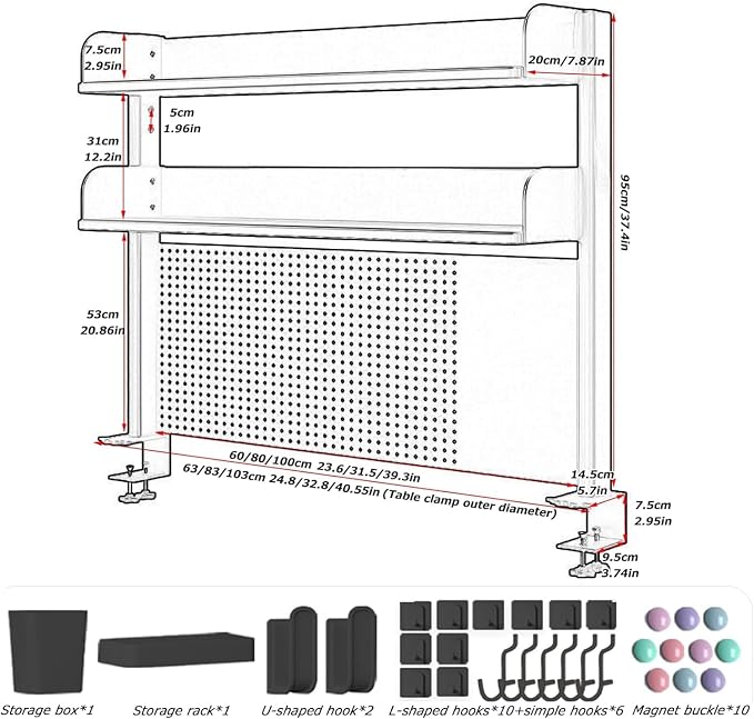 Clamp On Desk Organizer Shelf, Desk Extender Pegboard Workstation,Computer Desk Accessories for Office, Privacy Panel for Gaming Desk,Clamp-on 23.6/31.5/39.3in Desktop Shelving System, Black (Size : - Image 3