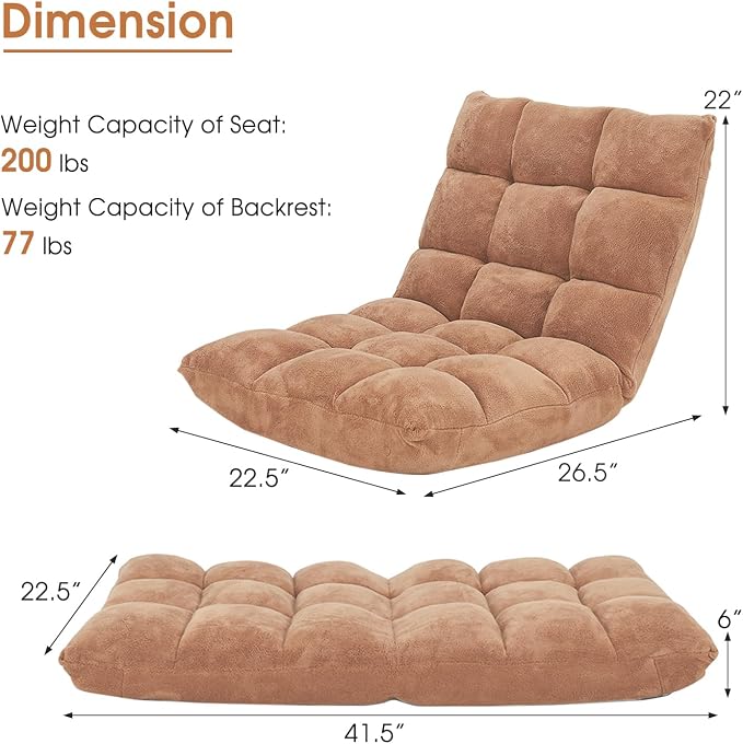GIANTEX Folding Floor Chair with Back Support, 14 Adjustable Position, Padded Sleeper Bed, Couch Recliner, Gaming Floor Chairs for Adults, Meditation, Living Room (TAN) - Image 3