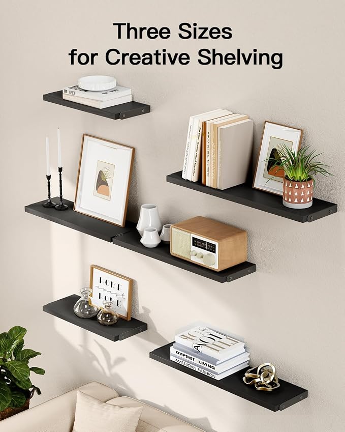 Amada Solid Paulownia Wood Wall Shelves, Medium Size, 6 Pcs, Black - Image 4