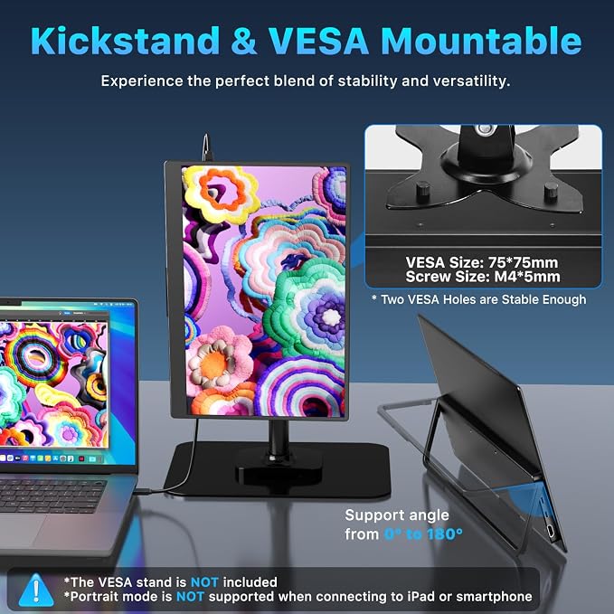 Upperizon Portable Monitor 14 inch 4K 3840X2400 100000:1 100% DCI-P3 OLED HDMI USB-C Travel Monitor for Laptop MacBook PC Surface PS5 Xbox, External Display with Kickstand & Speakers, VESA Compatible - Image 6