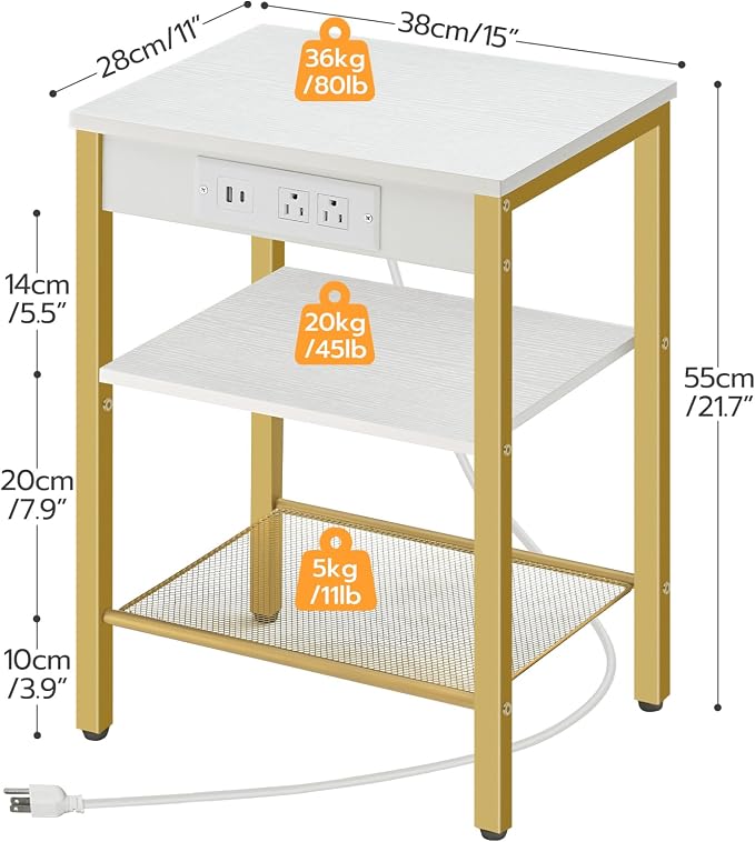 HOOBRO Side Table with Charging Station and USB Port, Small End Table for Small Space, 3-Tier Nightstand with Adjustable Shelf, for Living Room, Bedroom, White and Gold DW112BZ01G1 - Image 3