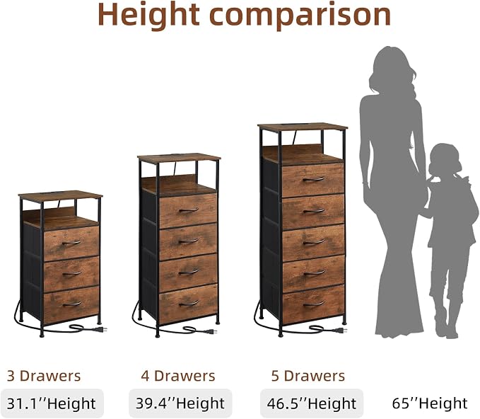 Somdot Tall Nightstand with 3 Drawers, Charging Station & LED Light - Image 9
