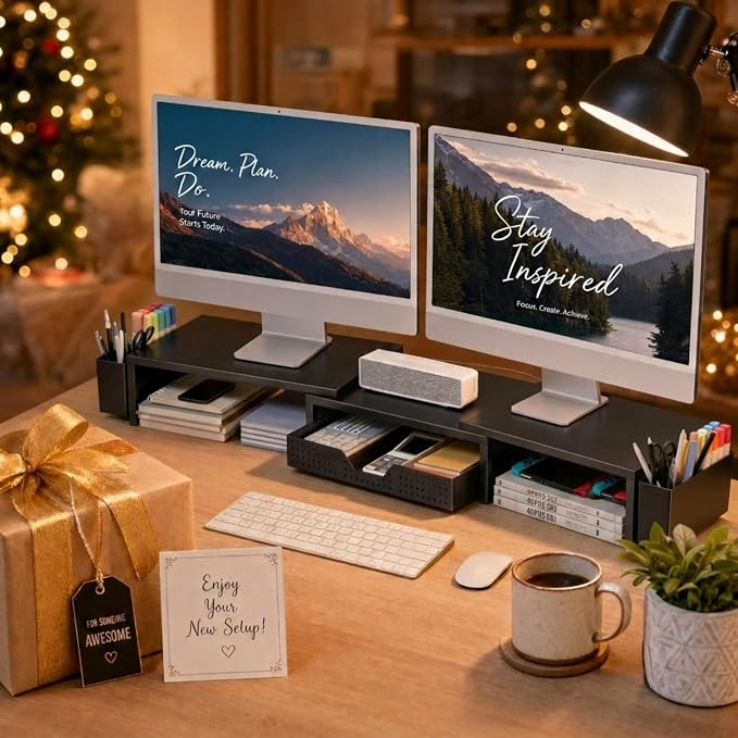 OPNICE Desk Organizers and Accessories, Dual Monitor Stand Riser with Drawer and 2 Pen Holders, Desk Shelf Computer Racks for Office Workspace Organizers, Desktop Organization (Black) - Image 9