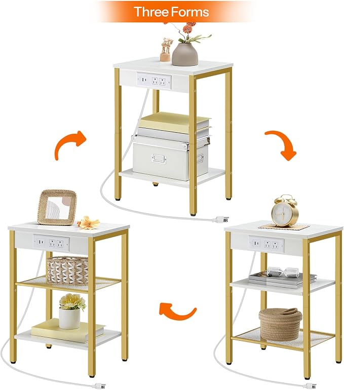 HOOBRO Side Table with Charging Station and USB Port, Small End Table for Small Space, 3-Tier Nightstand with Adjustable Shelf, for Living Room, Bedroom, White and Gold DW112BZ01G1 - Image 6