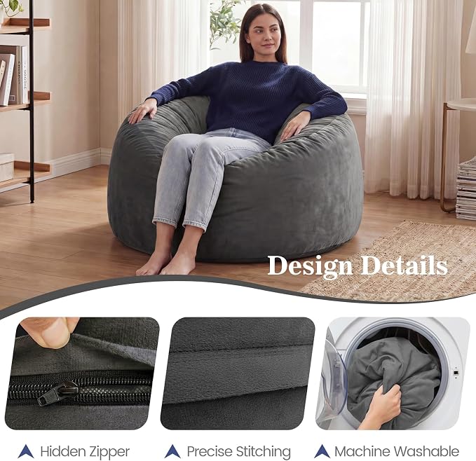 ACH Bean Bag Chair for Adults and Teens - 3ft Memory Foam Floor Chair, Perfect for Dorms, Gaming & Relaxing, Machine Washable Velvet Cover (Grey-Medium) - Image 3