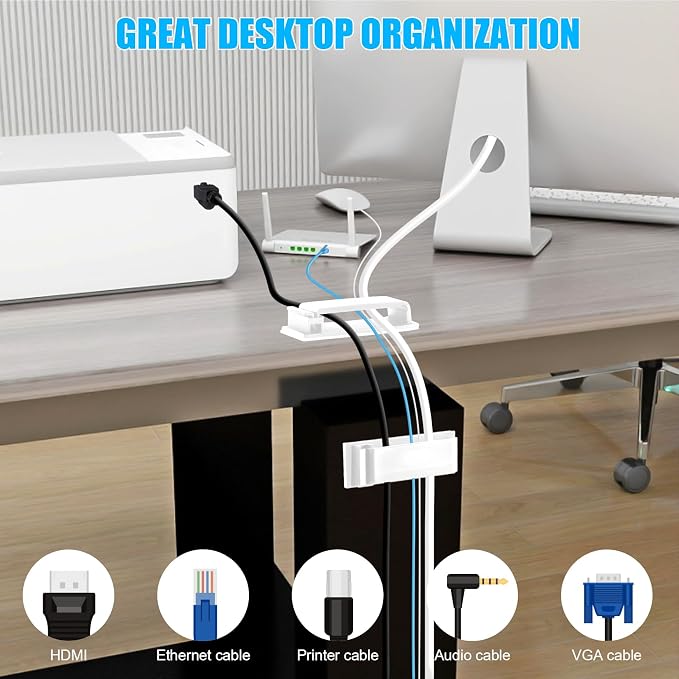 XHF 80 PCS Self Adhesive Cable Clips(XL) White,Wire Clips Cable Management Wire Organizer Cord Holder for Under Desk, Car, Wall, TV PC Ethernet Cable - Image 5
