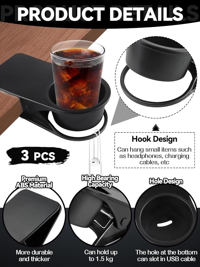3PCS Drinking Cup Holder Clip, Kalolary Chair Desk Bottle Cup Stand DIY Glass Clamp Storage Saucer Clip for Potted Plant Beverage Soda Coffee Mug Holder Clip for Home & Office (Black) - Image 3