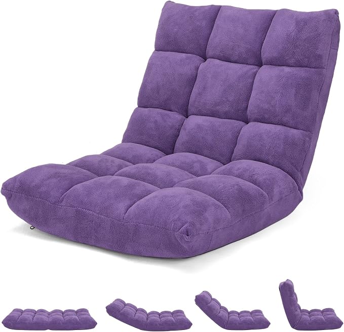 14-Position Lazy Sofa Chair with Back Support, Soft Coral Fleece, Recliner for Gaming, Reading, Meditating, Yoga (Violet) by BUYNOW