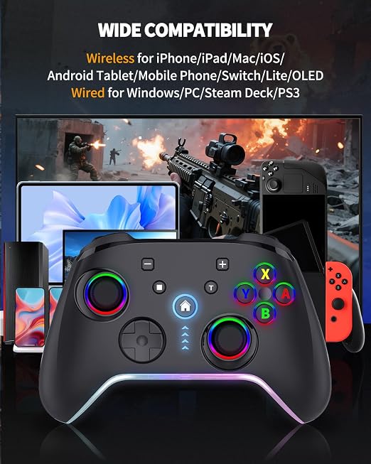 Bcofo Wireless Mobile Game Controller for iOS/iPhone/Android/Cell Phone/Switch/Laptop, Gaming Gamepad with Phone Clip for Gamers, Hall Effect Triggers, Wired PC Control, with RGB LED Lighting/Vibration/6-Axis Gyro/Turbo (Black) - Image 7