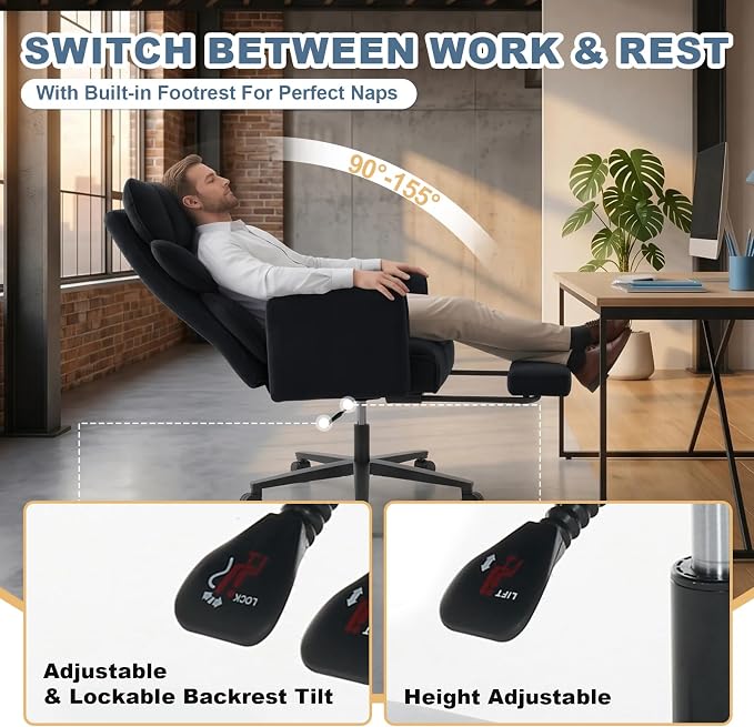 Big and Tall Office Chair, Reclining Executive Desk Chair, Cross Legged Ergonomic High Back Computer Gaming Chair with Flip Armrests Lumbar Support Footrest, Black Vanity Chair - Image 4