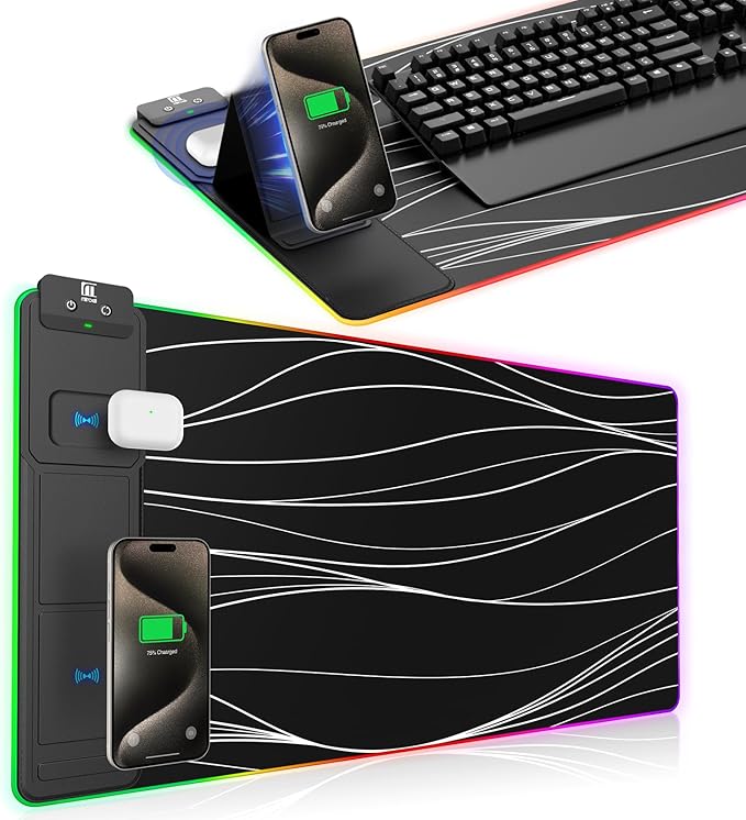XXL Mouse Pad with Phone Holder - Black, RGB Desk Mat with 15W Fast Charging, LED Gaming Mousepad with 11 Light Colors, Waterproof Non-Slip Pad for Office & Home (Wave) by miroddi