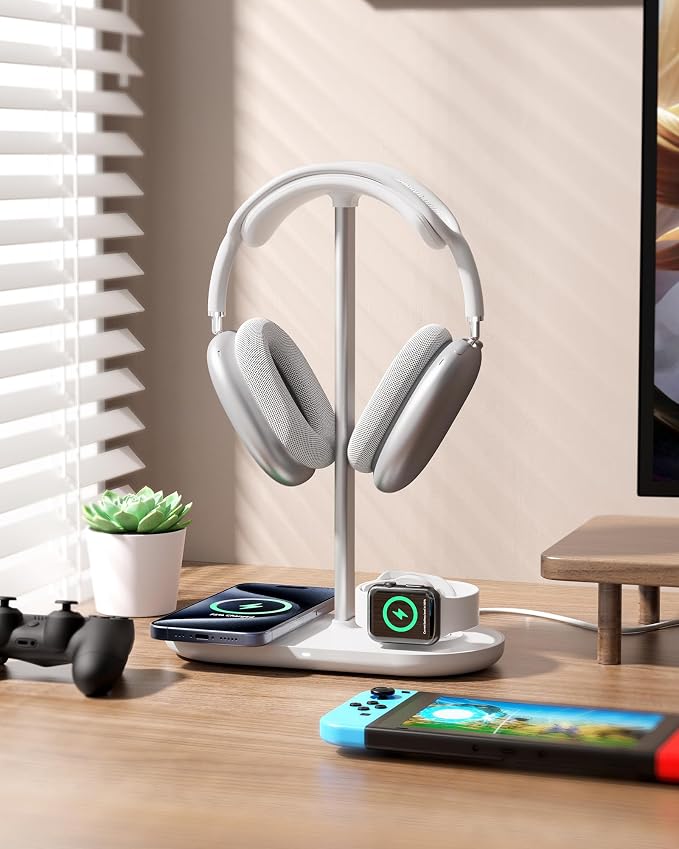 HiWe Headphone Stand, 2-in-1 MagSafe Wireless Charger for iPhone/iWatch | Headset Holder for All Headphones, Aluminum Alloy Bar, ABS Solid Base, PU Headrest, Table Desk Organizer - Image 6