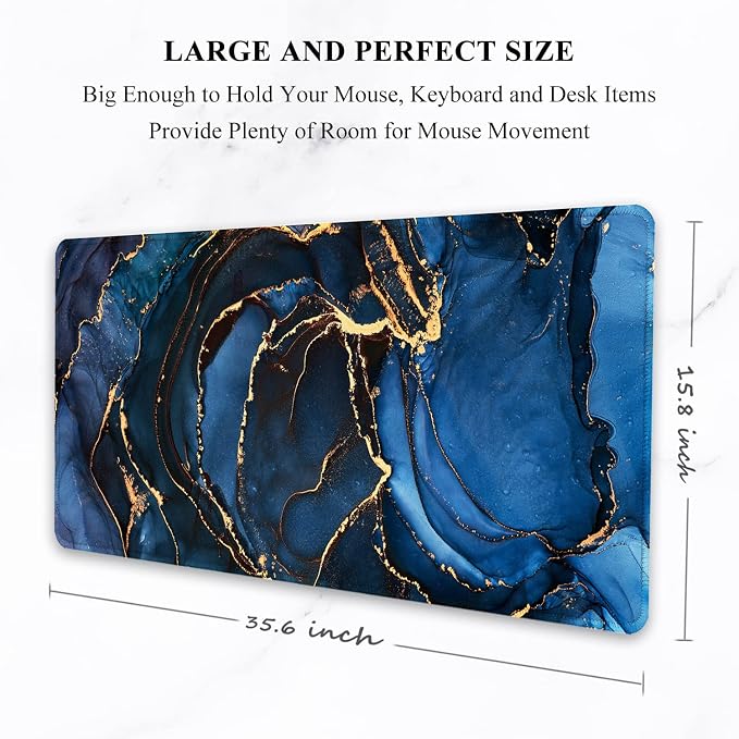 Auhoahsil Large Mouse Pad, XXL Desk Pad, Extened 35" x 15", Non-Slip Rubber Base, Stitched Edges, Superior Surface, Waterproof Keyboard Mat, Large Mousepad for Gamer, Office & Home, Dark Blue Marble - Image 2
