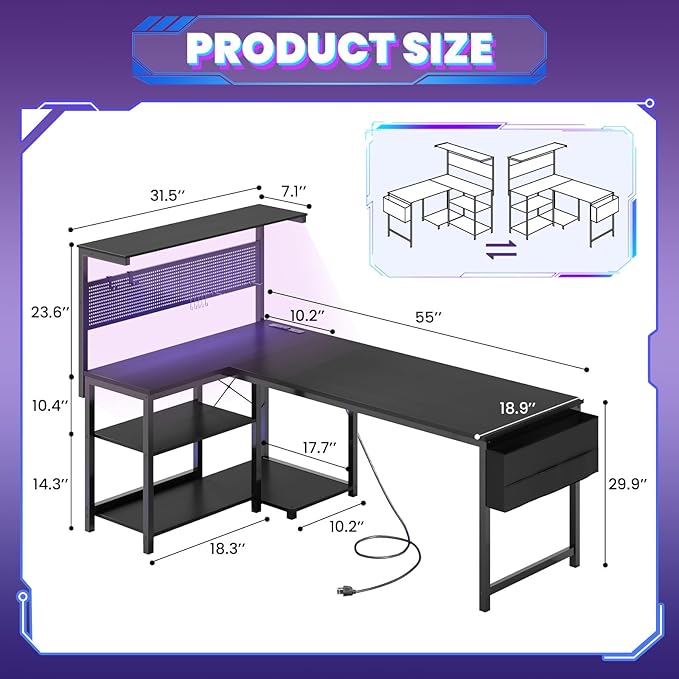 55in L Shaped Gaming Desk with Pegboard & Shelf & Storage Bag, Black | LED Light, Power Outlet, Reversible Gaming Table, Escritorio Gamer, Corner Computer Desk for Small Space Storage, Home Office - Image 3