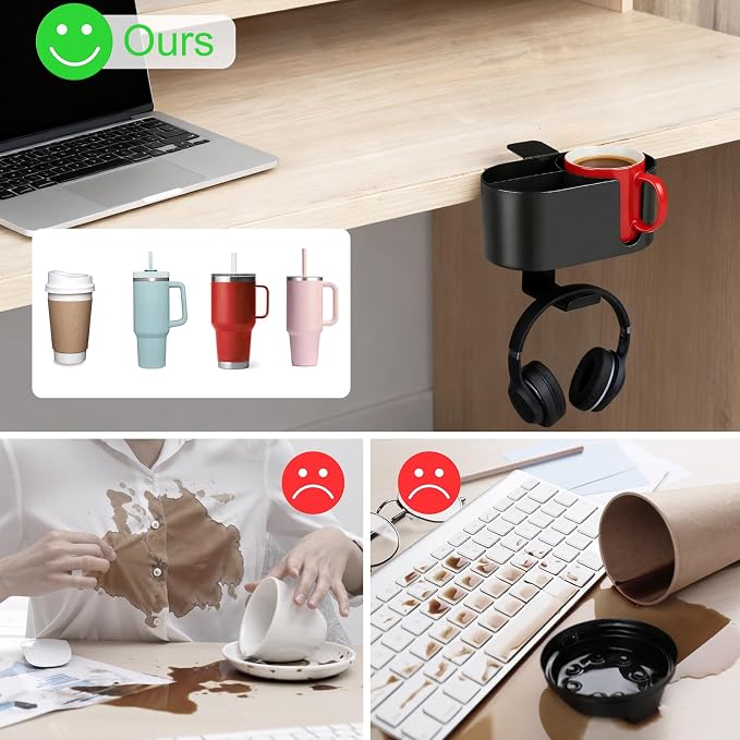 4 in 1 Desk Cup Holder, Clamp On Drink Holder with Headphone Hanger - Image 4