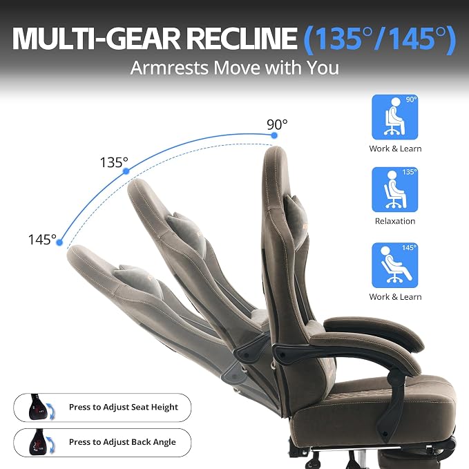 Desk Computer Gaming Chair - Ergonomic Game Office Chair with Extended Footrest and Massage Lumbar Support, Home Gamer Video Game Chairs with Spring Cushion for Adults (Pro Grey Leather) - Image 7
