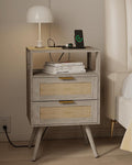 JOONEE Rattan Nightstand with Charging Station,Farmhouse Bedside Table with 2 Storage Drawer and Open Wood Shelf, for Bedroom and Small Spaces,Night Stand with Solid Wood Legs (Grey Oak-Outlet) by JOONEE