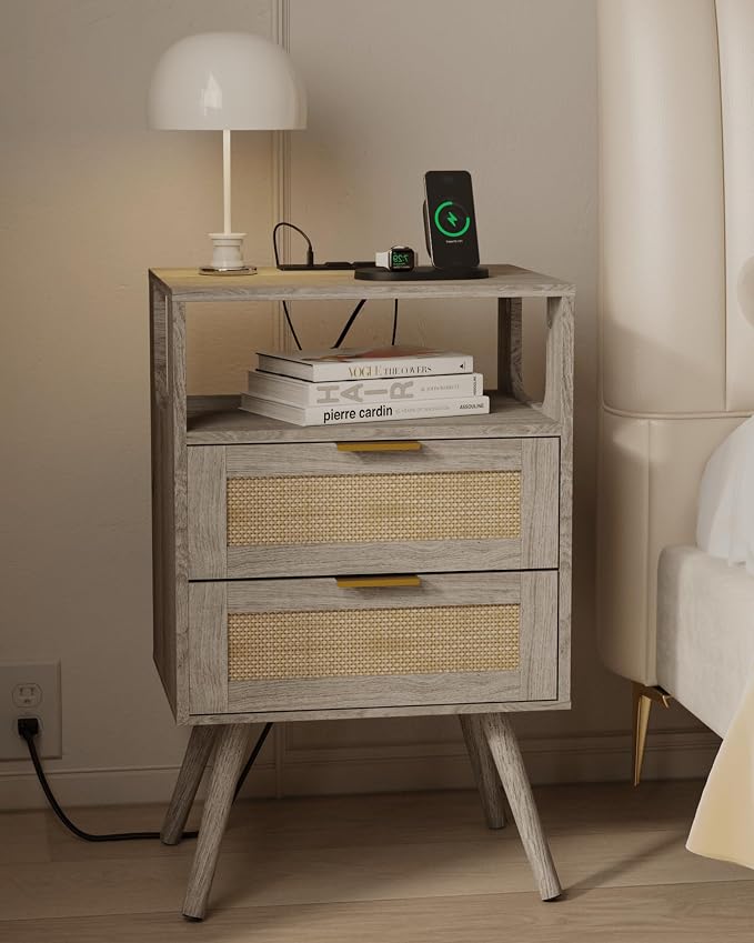 JOONEE Rattan Nightstand with Charging Station,Farmhouse Bedside Table with 2 Storage Drawer and Open Wood Shelf, for Bedroom and Small Spaces,Night Stand with Solid Wood Legs (Grey Oak-Outlet) by JOONEE