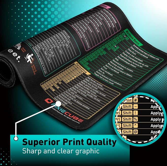 Pixiecube Excel Cheat Sheet Desk Pad | Excel Shortcut Keys Mouse Pad | Extended Large XL Gaming Mousepad | PC Office Spreadsheet Keyboard Mat | Non-Slip Stitched Edge - Image 3