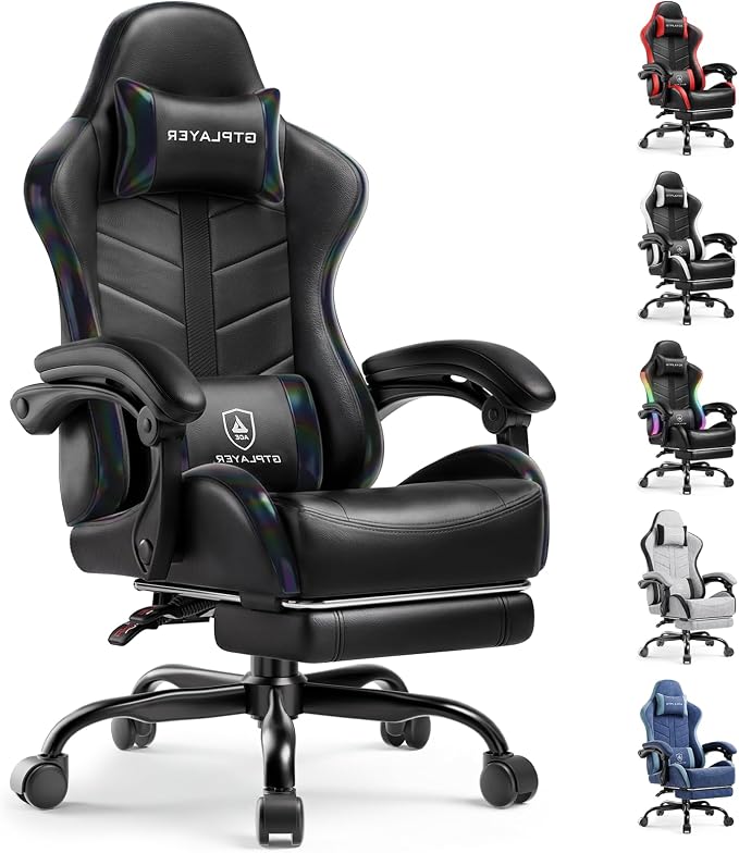 GTPLAYER Gaming Chair, Computer Game Chair for Adults, Iridescent Black | Ergonomic Comfort Video Game Chair with Footrest 90-155°Recline, Head Lumbar Support & Height Adjustable for Office Gaming by GTPLAYER
