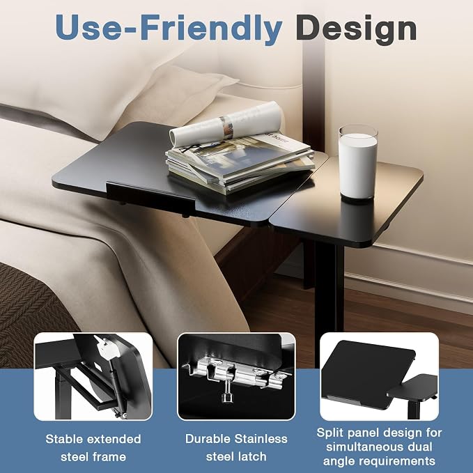 DUMOS Adjustable Bedside Overbed Table with Wheels, Black - Image 7