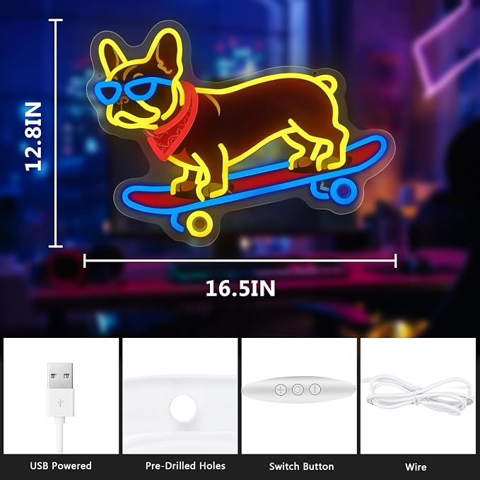 French Bulldog Skateboarding Neon Sign, Skateboard Dog Frenchie Wearing Glasses Neon Signs | Dimmable LED Bulldog Wall Art Decor | Frenchie Dog Lover Gifts - Image 6