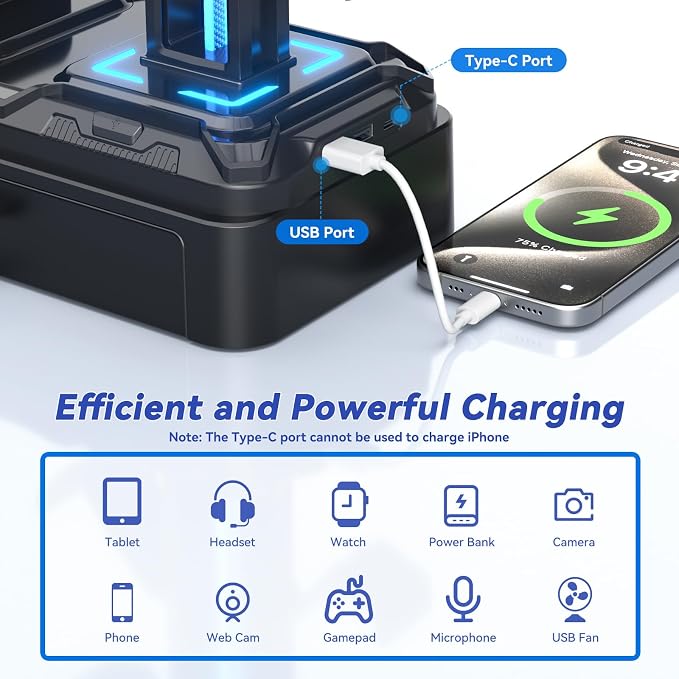 KDD Headphone Stand with USB A&C Charger Ports - RGB Controller Stand with Detachable Hooks - Rotatable Headset Hanger & Device Slot for Phones/Tablets - Drawer Storage Base for Gaming Desk Organizer - Image 4