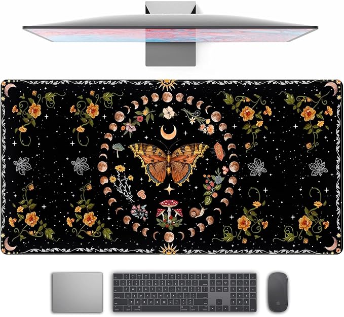 Moth Desk Pad Mushroom Phase Moon Phase Desk Mat, Boho Flowers and Leaves Computer Big Mouse Pad Washable Cloth Non-Slip Rubber Base Keyboard Pad Mouse Mat for Office with Stitched Eges 31.5x15.7 in by TENG+DA+QING