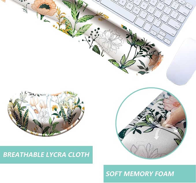 Keyboard Wrist Rest Mouse Wrist Support Set, Memory Foam Wrist Rest Pad for Computer Laptop Keyboard Mouse, Ergonomic Wrist Cushion Support for Typing Pain Relief, Gaming Home Office, Flower White - Image 3