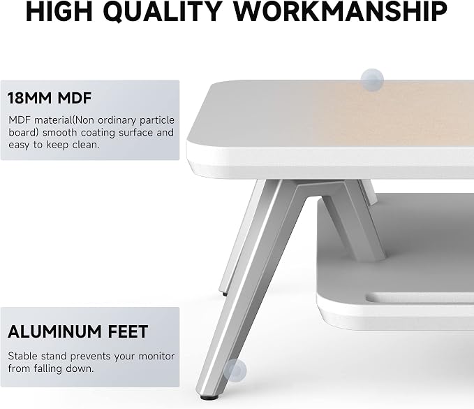 Fenge Dual Monitor Stand Riser, Wooden Desk Shelf with 2-Tier Storage | 42.5-Inch Wide, Sturdy Aluminum Legs, Built-In Phone & Tablet Slot, Desktop Organizer for Office Accessories - Image 5