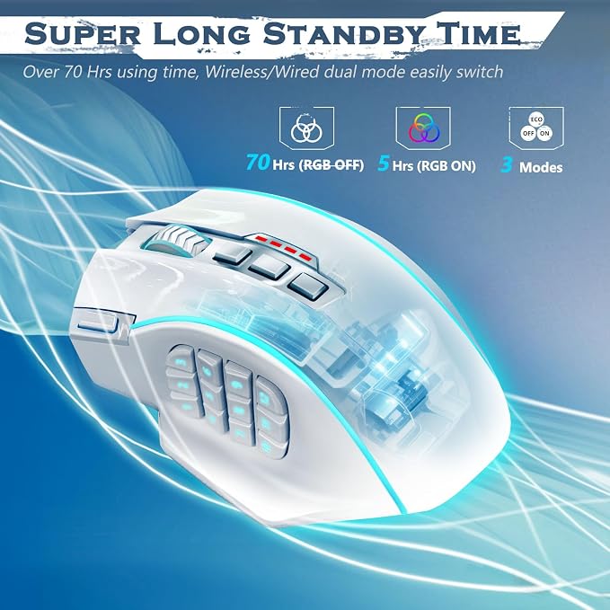 Redragon Wireless Gaming Mouse, MMO Gaming Mouse UP 16,000 DPI, 16 Macro Programmable Buttons, RGB Rechargeable Mouse with 12 Side Buttons, 70Hrs for PC Laptop MOBA FPS, White,M901P-WS - Image 5