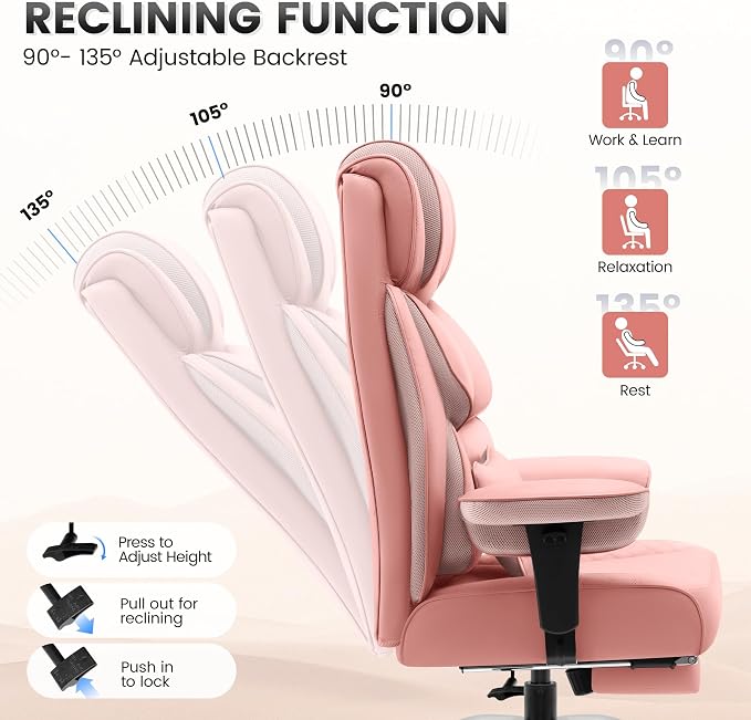 BestGlory Office Desk Chair, Big and Tall Leather Gaming Chair with Footrest, Ergonomic Comfy Executive High-Back Reclining Computer Chairs, Wide Swivel Rolling Wheels and Padded Lumbar Support, Pink - Image 6