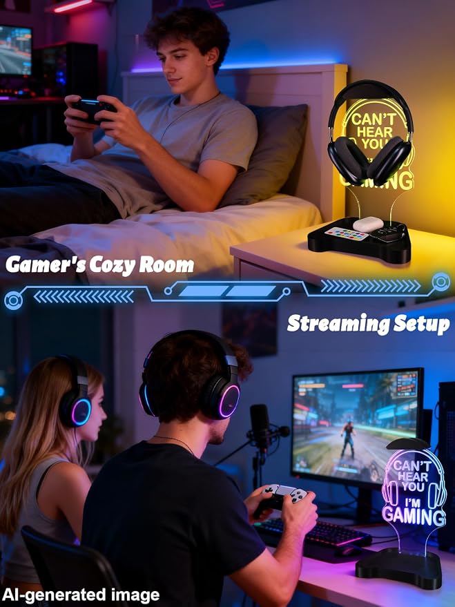CoolGift Mart Light Up Headphone Stand, Headphones Holder with 16 Color Lights, Gamer Gifts for Boys Men Father Dad, Gaming Headset Stand with Game Controller Storage Base for Desk Bedroom Gaming Room - Image 4