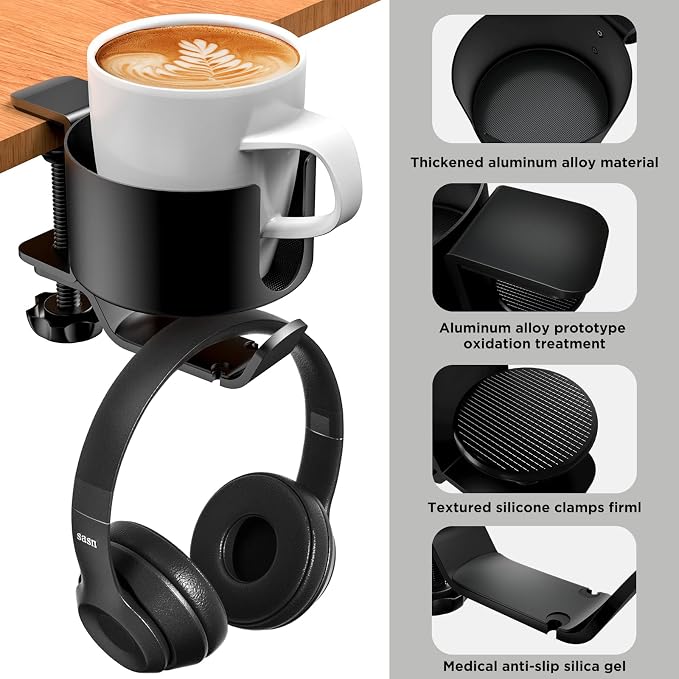 OOKUU 2 in 1 Desk Cup Holder with Headphone Hanger, Anti-Spill Cup Holder for Desk or Table, Easy to Install, Sturdy and Durable, Enough to Hold Coffee Mups, Water Bottles, Headphones (Pack of 2) - Image 3