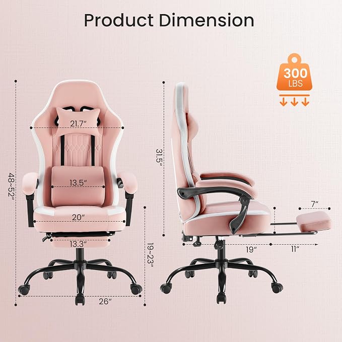 Sweetcrispy Video Game Chair, Ergonomic Computer Desk Chair, Lumbar Support | Footrest, Height Adjustable, Linkage Armrests, Headrest, High Back, 360° Wheels, Pink - Image 3