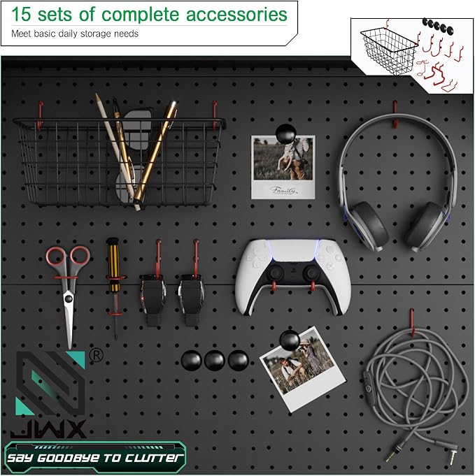 JWX DDB Freestanding Pegboard Shelf, 210 lb Capacity, 30 x 74 Inch, Black | Powder-coated metal with 3 adjustable shelves, 70 lb each, and 15 accessories for gaming setups, home offices and garages - Image 8