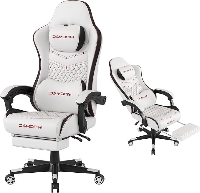 Gaming Chair,Big and Tall Gaming Chair 400lbs Office Chair with Footrest, 90-155° Recline & Removable Headrest Lumbar Support[Spring + 4D Sponge] (White) by Unknown