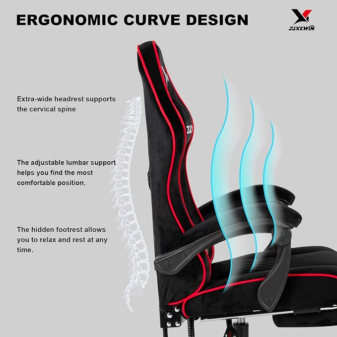 Velvet Gaming Chair, Ergonomic High Back Racing Chair with Footrest, Spring Wide Cushion, Adjustable Headrest & Lumbar Support, 90-135° Recline, 360° Swivel, 300lbs for Home Office, Red - Image 6