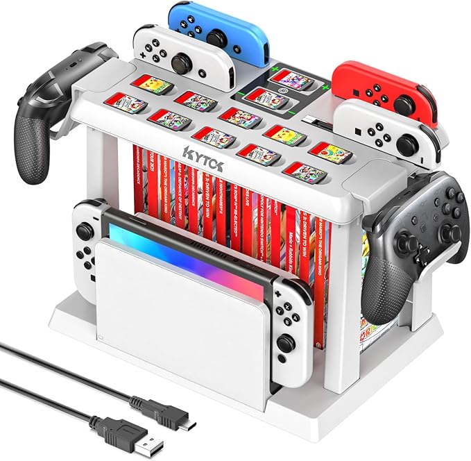 Switch Organizer Station with Controller Charger, Charging Dock for Nintendo Switch & OLED Joycons, Storage for Games, TV Dock, Pro Controller, White, Accessory Kits by Kytok