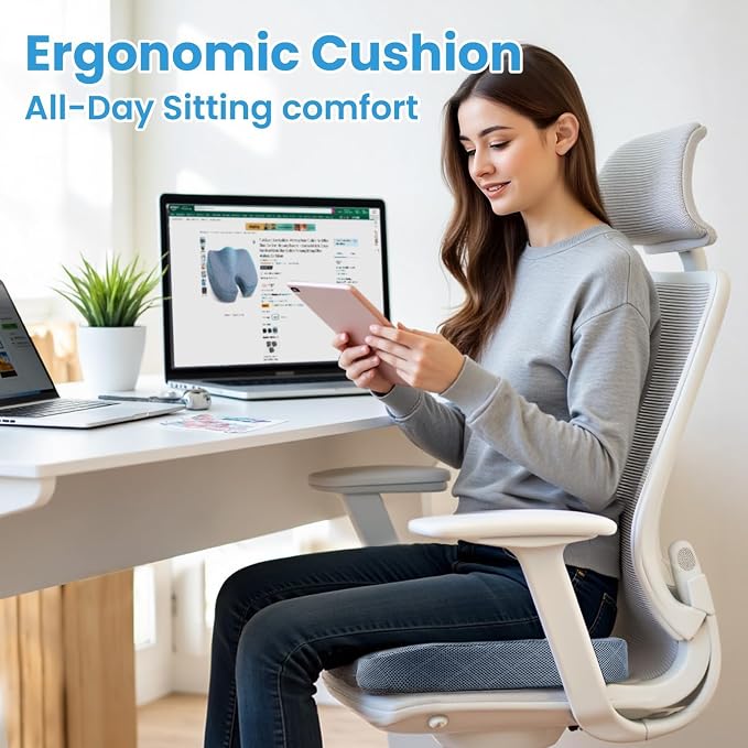 TushGuard Memory Foam Office Chair Seat Cushion - Light Blue, Large | for Car Seat, Airplane, Desk Chair - Sciatica & Hip & Coccyx Pain Relief Cushion for Long Sitting Office Workers, Car Drivers - Image 7