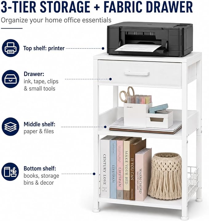 Lerliuo Printer Stand with Storage, 3-Tier Printer Table with Drawer, White - Image 4