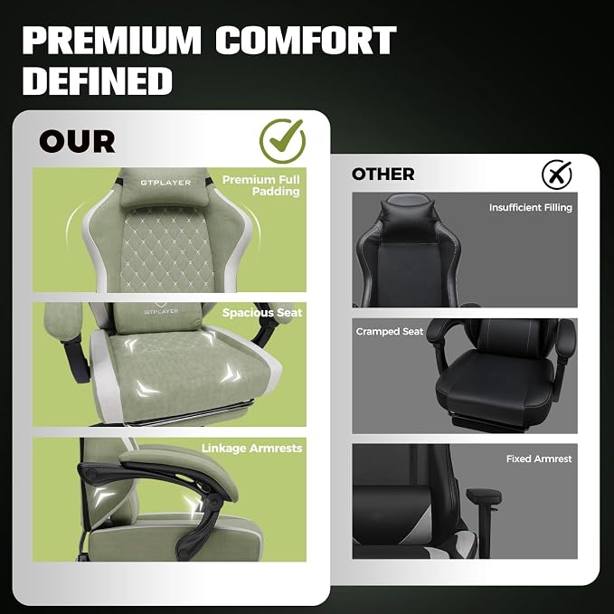 GTPLAYER Gaming Chair, Ergonomic Computer Chair with Footrest and Lumbar Support, High Back Recliner Chair 350lbs, Height Adjustable for Home Office, Green - Image 9