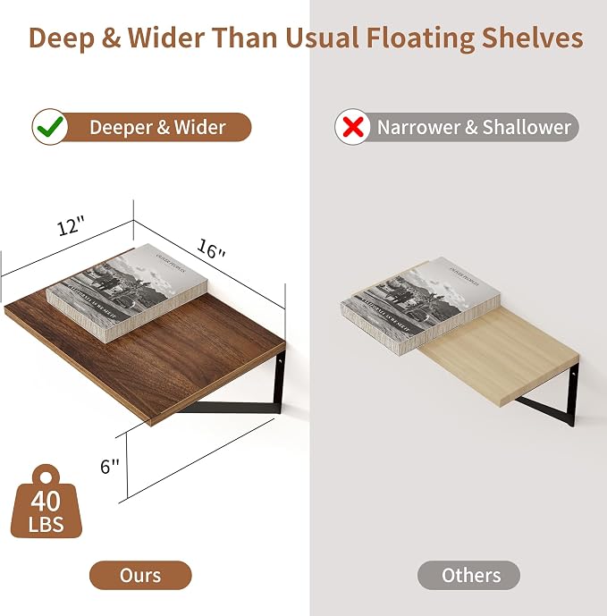 Axeman Deep Floating Shelves - 16 Inch Wide x 12 Inch Deep Walnut Wall Shelves Set of 2 - Rustic Wide Wood Wall Mounted Shelves for Room Decor & Storage - Image 3