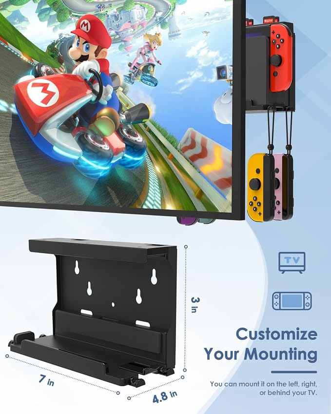 Wall Mount for Nintendo Switch and Switch OLED with 28 Game Card Holders and 4 Joy Con Hooks, Organize Switch Console Behind TV, Ideal Gift for Gamer, Black - Image 4